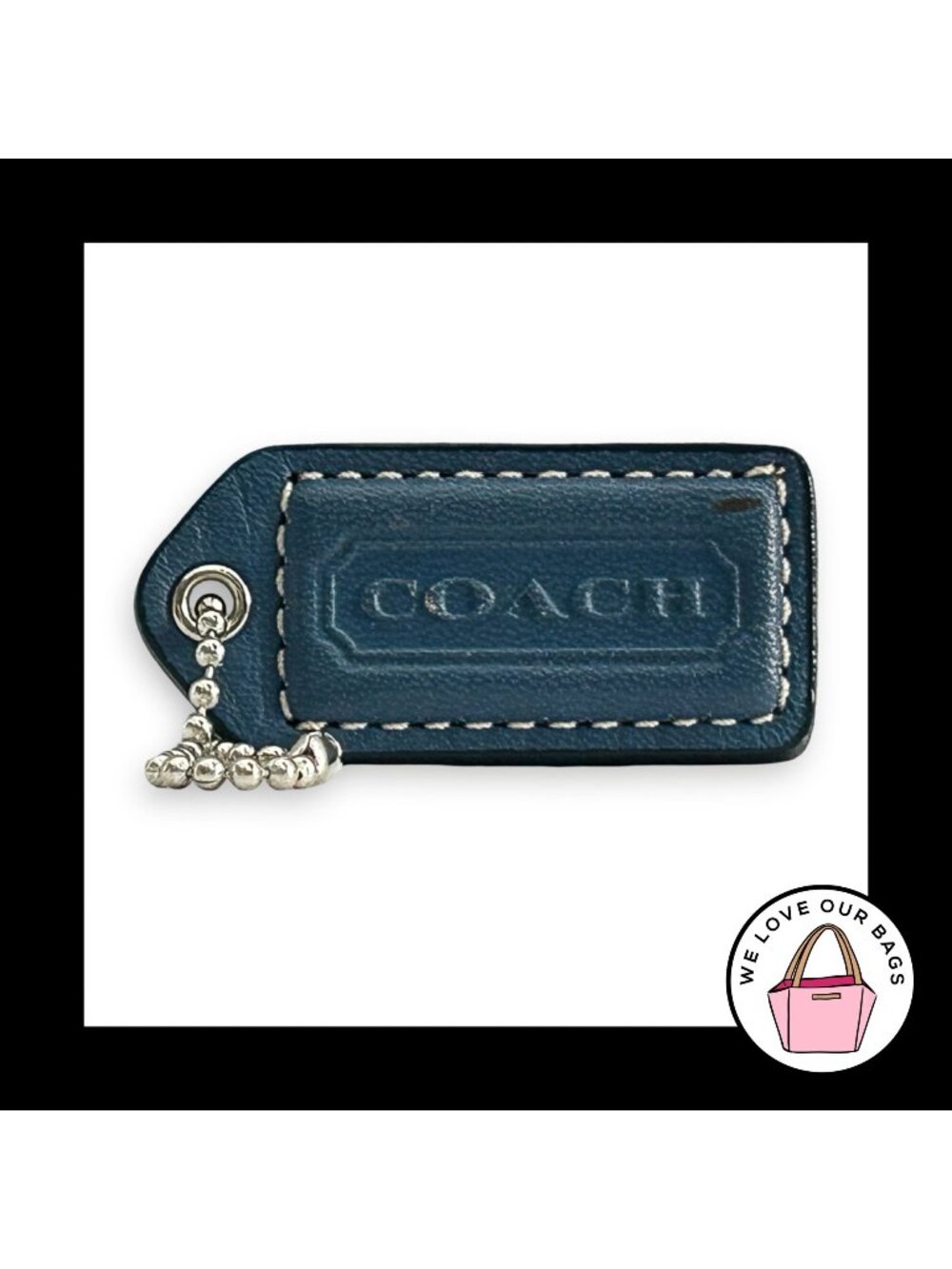 COACH Y2K VINTAGE Hang Tag 2" Denim Blue Leather Bag Charm Keychain Fob Nickel